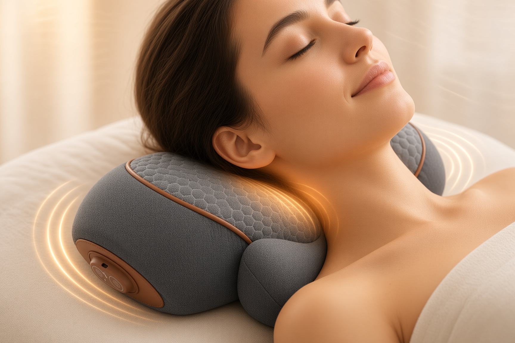 NeckEase™ heat and vibration therapy relaxing the deep neck muscles at the same time