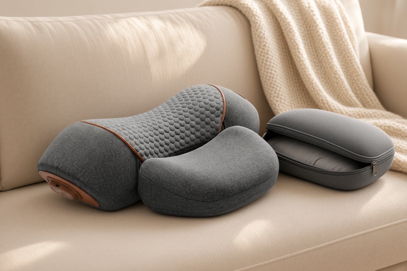 NeckEase™ device next to its premium zippered carry case on a sofa