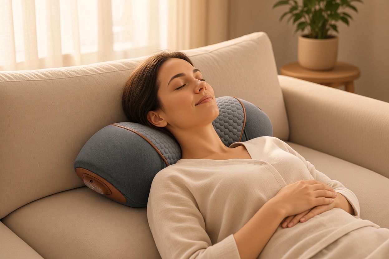 Woman lying on a sofa with eyes closed, relaxed while using the NeckEase™ device